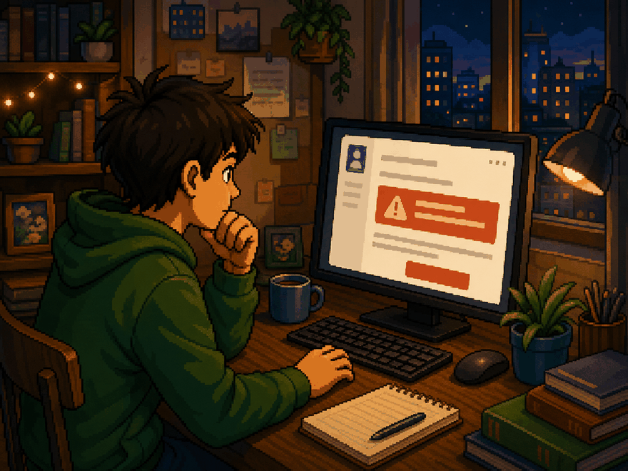 Pixel-art scene of a late-night message offering a job that asks for money up front