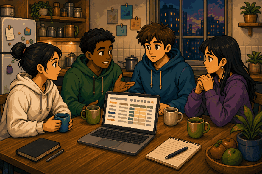Pixel-art scene of roommates at a kitchen table splitting rent and bills