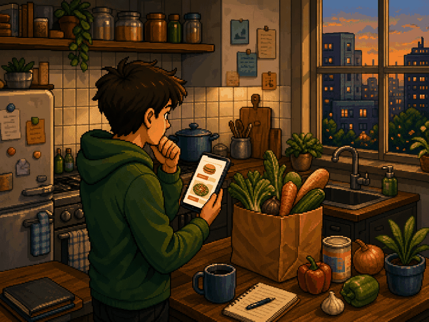 Pixel-art scene of a student deciding between takeout on the phone and cooking at home